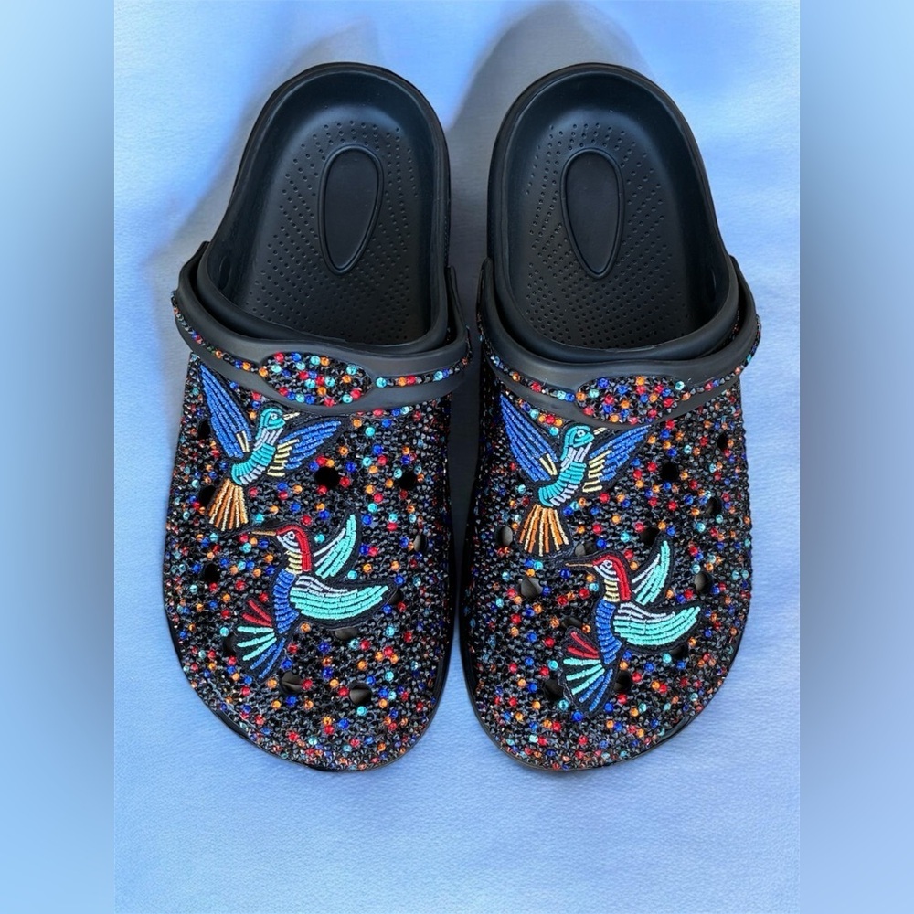 Black Embellished Hummingbird Clog Mules